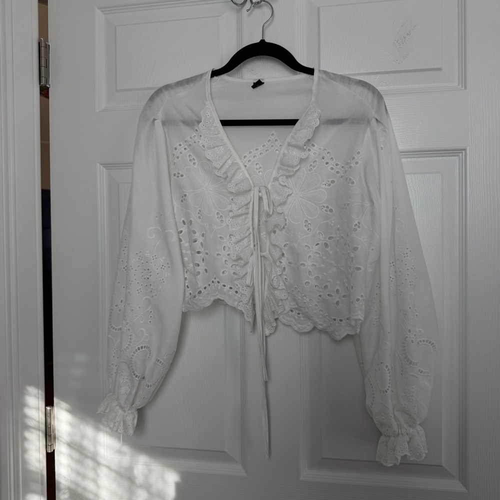 SHEIN White Ruffled Embroidered Blouse